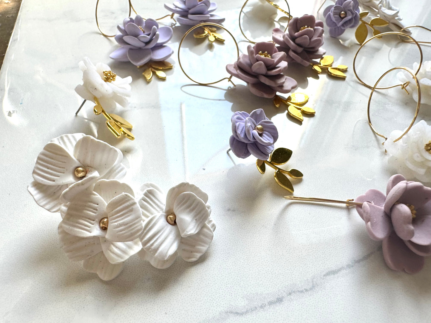 Lavender Flower and Gold Leaf Hoops