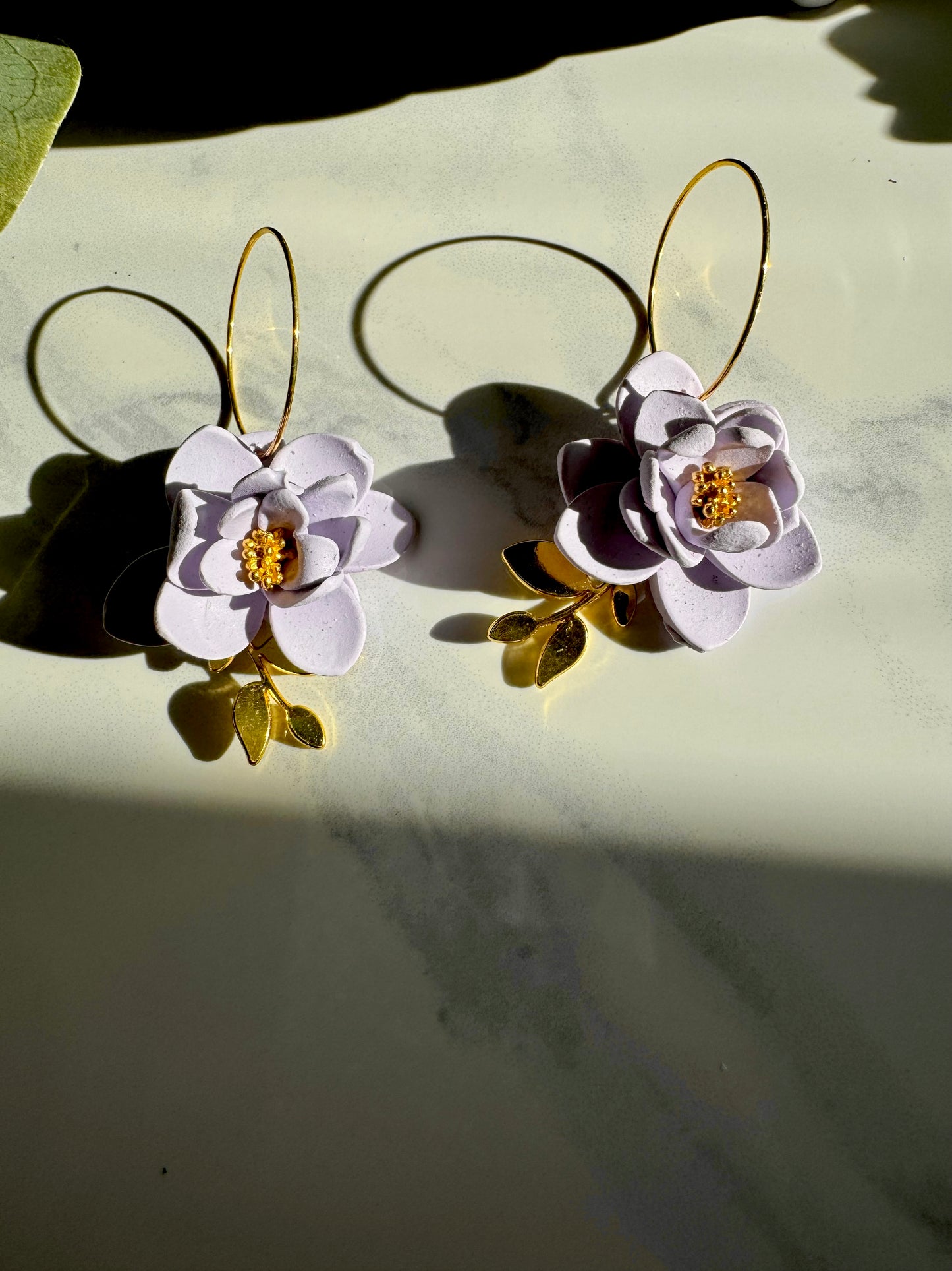 Lavender Flower and Gold Leaf Hoops