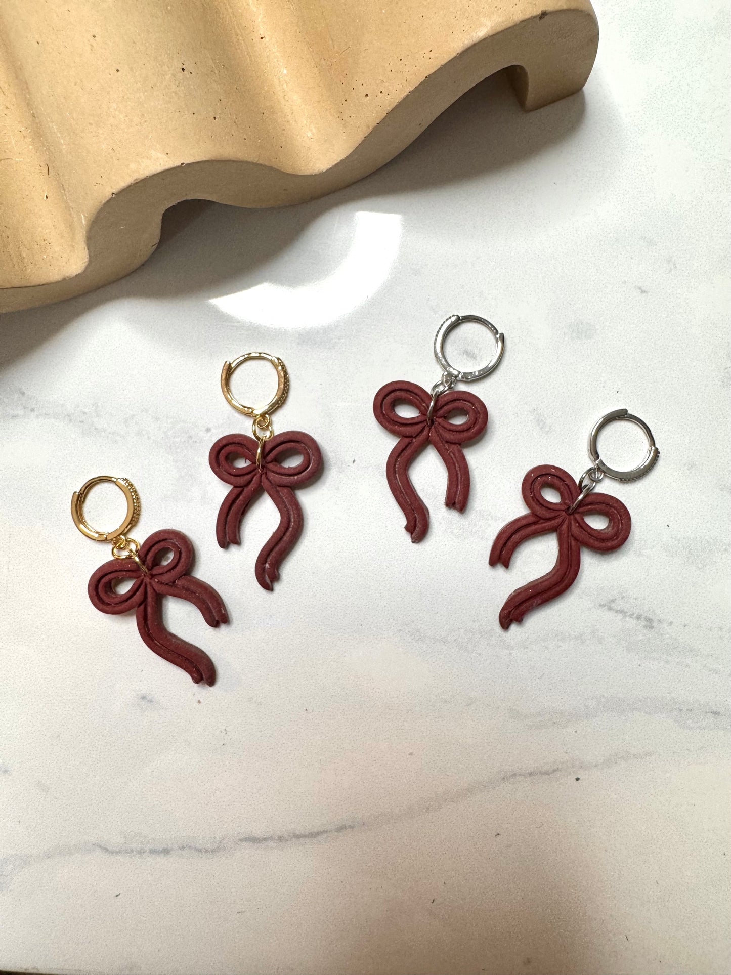 Bow Huggie Hoops- Maroon